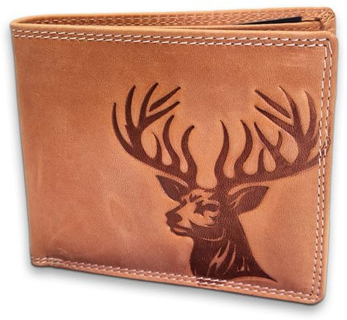 Pixelstudio Leder Geldbörse Herren mit Hirsch. Männer Geldbeutel als Berg & Jagd Geschenk für Jäger. Geldtasche Herren Geldbörse Leder Portemonnaie