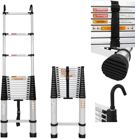 Telescopic Ladder Aluminium Extendable Ladder with Safety Buttons&Non-slip Foot Mats, Height Adjustment, Loft folding Ladder for Home,Attic Access,Warehouse Work(6.2M)