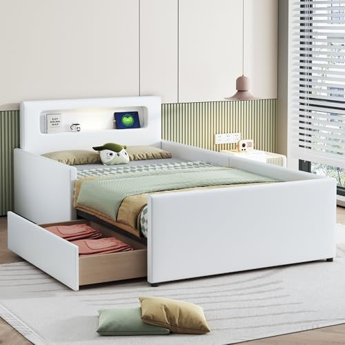 KUAKE Modern Jugendbett 90x200 cm Polsterbett mit Bettkasten, Bett mit Lattenrost & Stauraum, Polster Kopfteil mit Ablagefach, Kunstleder, Kinderbett für Jungen & Mädchen(Weiß)