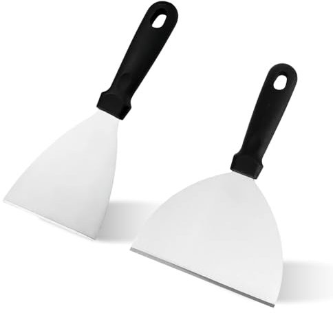 BORISCA 2 Pieces Griddle Scraper Set, Metal Slant Edge Stainless Steel Scraper and Semicircular Grill Scraper, Pizza Spatula for BBQ, Burger, Steak, Kitchen, Grill Spatula for Cleaning The Grill Pan