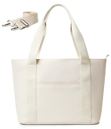 KALIDI Large Tote Bag for Women with Zip, Lightweight School Handbags Shoulder Bags Crossbody Bag With 15 inch Laptop Compartment for Gym Travel Work Beige