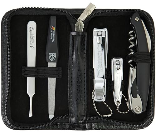 3 Swords Germany Kit de manucure de voyage « Trim & Twist », coupe-ongles pour orteils et doigts, pince à épiler, lime à ongles saphir, couteau de serveur, étui en cuir synthétique