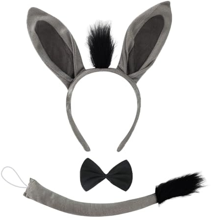 ATSNOSH 3 Stück Esel Kostüm Set, Tier Kostüm Set, Haarreif mit Ohren, Fliege, Schwanz, Party Dekoration Zubehör, Tier Verkleiden Set, Karneval, Fasching, Maskerade, Cosplay