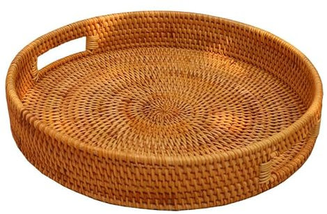 Comforyou 30cm Round Rattan Tray, Rattan Serving Trays with Cut-Out Handles, Coffee Table Tray Decorative for Home and Kitchen