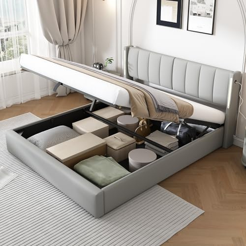 Laxnb Bett 140x200 cm Polsterbett Doppelbett, Jugendbett Betten mit Stauraum, verstellbares Kopfteil mit LED&USB, Hydraulisches Stauraumbett Bettgestell Bett mit Lattenrost, PU Grau, Ohne Matratze