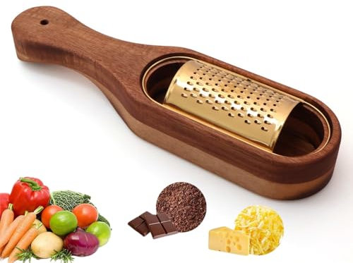 Cheese Grater with Container, Stainless Steel Cheese Shredder with Wooden Handle Shredder Zester Grater Box Handheld Kitchen Grater for Cheese, Lemon and Chocolate, Cheese Tool (Gold)
