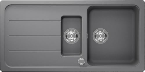Respekta Austin Massivgranit Spüle 100 x 50 / Hitzebeständig/Abgeschrägte Abtropffläche/Einbau-und Unterbaumontage / 1,5 Becken/für Unterschränke ab 60 cm Breite/Grau