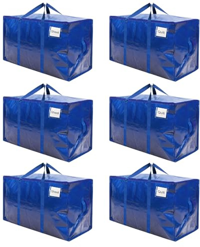 RICHIE Heavy Duty Extra Large Moving Bags with Reinforced Handle and Double Zipper - Waterproof Storage Box with Tag Window - for Christmas Decorations, Moving & Travel, 90L (Blue, 6 Packs)