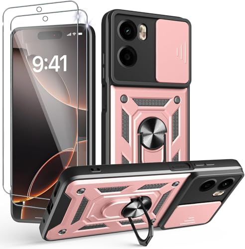 PIXFAB for Motorola Moto G06 Case with 2 x Screen Protector Tempered Glass, Shockproof Case with Camera Lens Protection, Protective Ring Armour Phone Case Cover with [Kickstand] - Rose Gold