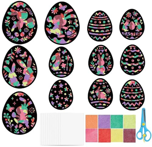 Sikweny 12 Stück Ostern Basteln Kinder, Fensterbilder Ostern Bastelsets, Oster Bastelset Frühlingsbasteln Kinder Ostereier DIY Fensterbilder Buntglas für Geschenk Mädchen Jungen