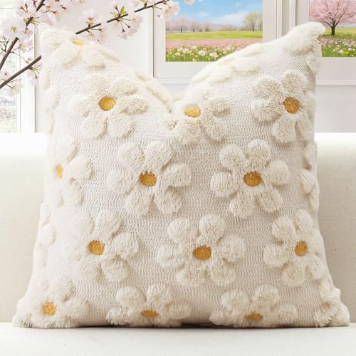 Artscope 1er Set Wolle Blumen Kissenbezug Weicher Plüsch Kurzer Wollsamt Dekokissenbezüge Frühjahr Sommer Kissenhülle Saisonale Sofakissen für Sofa Schlafzimmer Creme Beige, 50x50cm