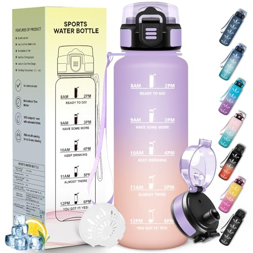 Mulbijeo Trinkflasche Sport, Auslaufsicher 1500 ML, Wasserflasche, Zeitmarkierung und Motivierende, Trinkflasche Kohlensäure Geeignet Helle Lavendel & Hellrosa