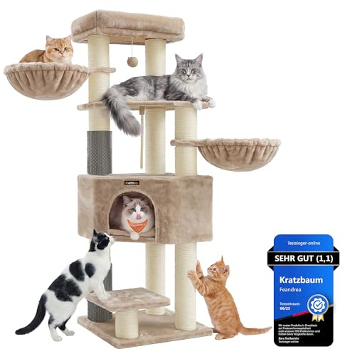 Feandrea Kratzbaum, 11,1 cm Dicke Stämme, 2 Katzenbürsten, 50 x 50 x 160 cm | Katzenbaum, mit selbstwärmenden Decken, große Plattformen, Höhle, Kamelbraun, CLAWFY Kollektion PCT003K101