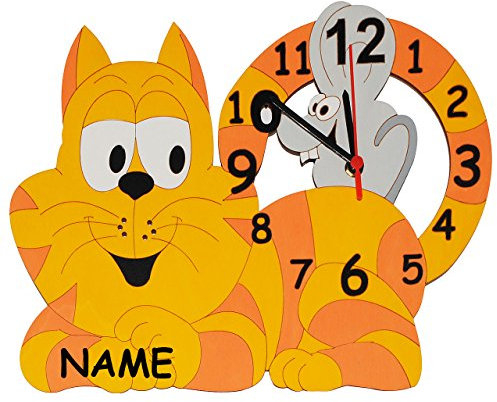 alles-meine.de GmbH Wanduhr - lautlos - Katze mit Maus incl. Namen - Uhr aus Holz - 37 cm groß - lautlos + ohne Ticken - für Jungen Mädchen Kinder/Kinderzimmer Kinderuhr - ..