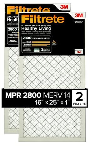 Filtrete 16x25x1 Air Filter, MPR 2800, MERV 14, Healthy Living Ultrafine Particle Reduction 3-Month Pleated 1-Inch Air Filters, 2 Filters