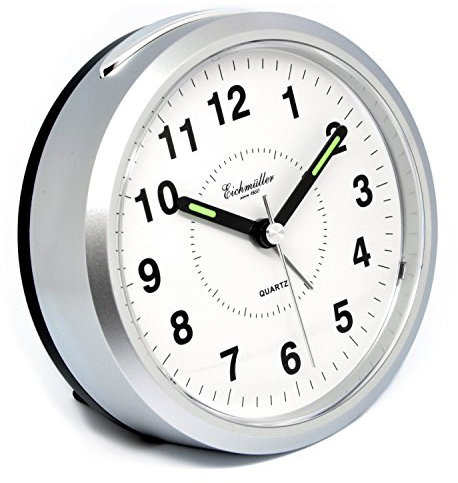 Eichmüller Wecker Analog mit Licht und Weckwiederholung - batteriebetrieben rund in Silber mit Ziffernblatt Alarm - Tischuhr Uhr
