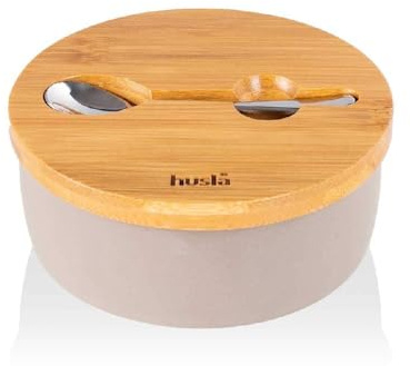 Husla 73972 Ceramic Sugar Box with Acacia Wood Lid, Stainless Steel Spoon on the Top,