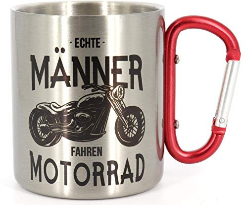 Edelstahltasse mit Karabiner Echte Männer Fahren Motorrad, Blechtasse, Outdoor, Becher, Metall-Tasse, Campingbecher, Karabinerhaken