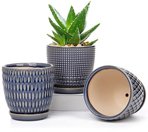 Oairse Blumentopf Keramik Pflanztöpfe 3 Set runde, Succulent Topf kleine mit Ablaufloch und Keramikschale für Sukkulenten Kaktus Indoor Outdoor Garten Home Fensterbank Durchmesser 11,2cm