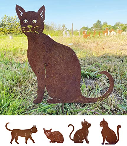 Gartenfigur Katze sitzend und schaut 47x45cm Siamkatze Gartenstecker Edelrost Gartendeko Wetterfest Rost Metall Rostfigur Katzen Figur Tier von Steinfigurenwelt