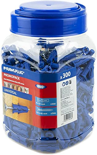 Rawlplug UNO Universalschrauben und Dübel Set 8mm blau | Schrauben und Dübel für Gipskarton Mauerwerk Ziegel Beton | Vollwanddübel Anti Rotation Eigenschaften | Gipskartonbefestigungen Glas mit 300
