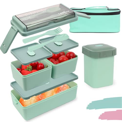 Bugucat Bento Lunch Box 1400ML 4 PCS, Stackable Lunch Box Bento Boxes,2 Layer 3 Compartments Leak Proof Lunchbox,Lunch Box with Compartments for Adults Kids,Container Meal Prep Containe with Cutlery