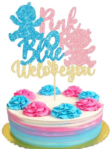 Gyufise 1 Pack Glitter Pink or Blue We Love You Cake Topper with Baby Boy Girl Gender Reveal Cake Decorations for Baby Shower Gender Reveal Theme Kids Boys Girls Birthday Party Decoration Supplies