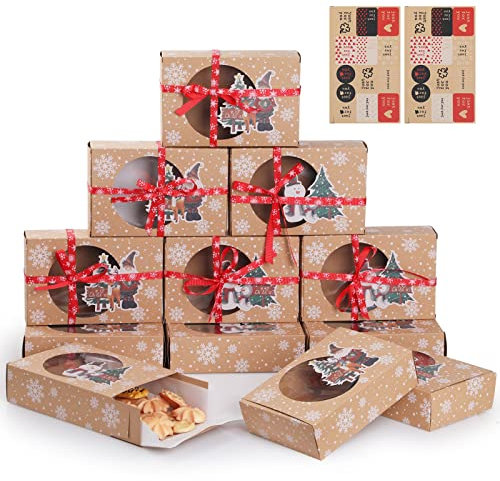 Geepen 12 Stück Weihnachts Kekskästen Boxen Weihnachten Geschenkboxen Kuchen-Kästen mit Aufklebern, Boxen aus Kraftpapier mit Sichtfenster für Backen Kekse Schokolade Süßigkeiten