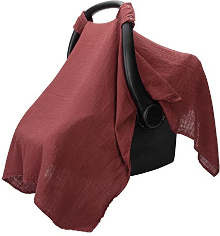 Comfy Cubs Muslin Cotton Baby Car Seat Cover - Soft, Breathable and Lightweight Infant Car Seat Cover - Designed in the US, Canopy for Sun Protection - Large Baby Travel Essentials - Wine
