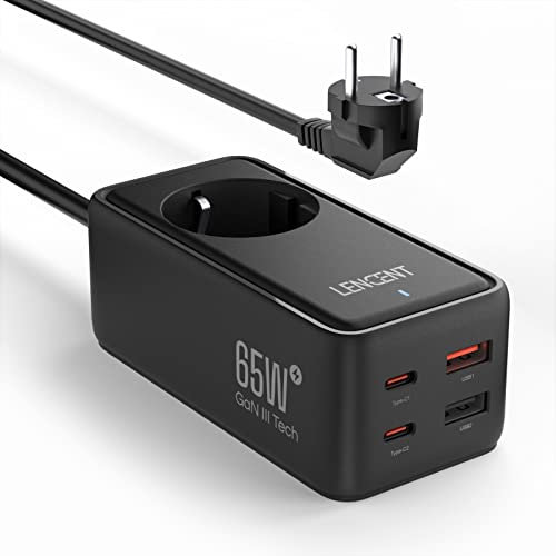 LENCENT GaN3 Tech Mehrfach Ladegerät 65W Mit 1 AC + 4 USB (2 USB-C + 2 USB-A), PD Ladestation für iPhone, iPad, MacBook, Galaxy, Huawei, Switch, Steam Deck, Schwarz