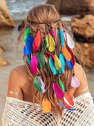 Fashband Indisches Feder Stirnband Boho Regenbogen Quaste Hippie Kopfschmuck Tribal Kopfschmuck Perlen Festival Party Kopfbedeckung Haarschmuck für Frauen und Mädchen (A)