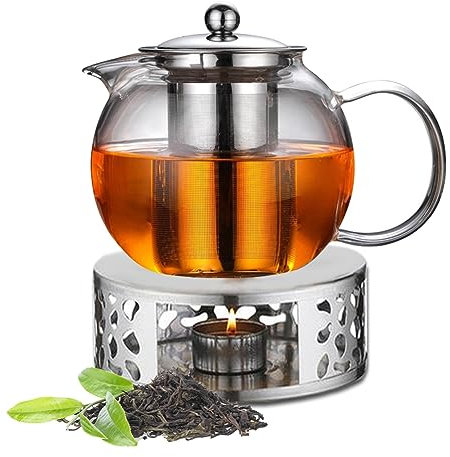 LOMUG Teekanne mit Stövchen Set, 1300ml Teekanne mit Siebeinsatz und Stövchen, Teekanne Glas mit Stövchen Edelstahl Teewärmer Tee Kanne mit Sieb für Schwarzen Grüner Tee Fruchttee Duftender Teebeutel