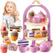 HERSITY Service à Thé en Bois pour Enfants ave Dessert Jouet Porte-gâteau, Théière Jouet Accessoire Cuisine Jeux de Rôle Cadeau pour Fille Garçon 3 4 5 Ans
