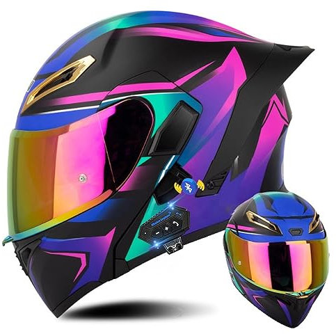 Klapphelm mit Bluetooth, Bluetooth Integralhelm Motorradhelm mit Doppelvisier, ECE Zertifiziert Lila Helm für Erwachsene Frauen Männer Hohe Qualität Helm, Roller-Mofa -Moped-Helm