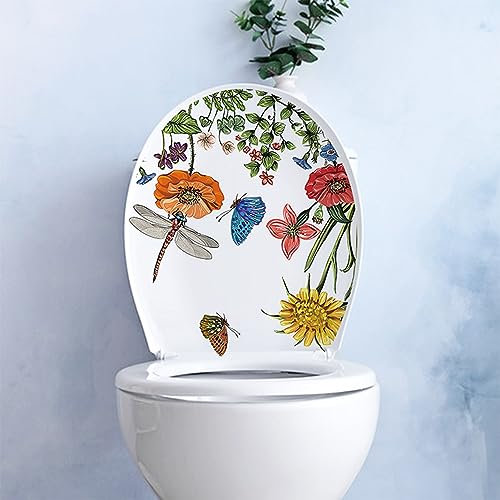 Fairnull WC-Aufkleber, WC-Deckelaufkleber, PVC-Aufkleber, Vinyl, Kunst, Dekoration, Blume, Gras, Schmetterling, Libelle, Wandaufkleber, abnehmbare Keramikfliesen-Aufkleber, stark haftende WC-Aufkleber
