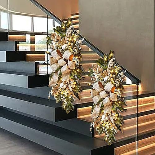 Weihnachtskranz Weihnachtsgirlande Anhänger mit LED, Türkranz Weihnachtsdeko Girlande für Tür, Fenster, Weihnachten Party Deko Kranz Weihnachtsbeleuchtung Geschenk (Gold, Mit LED)