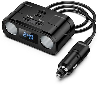 ORIA Zigarettenanzünder Verteiler, 6 in 1 KFZ Ladegerät Adapter, mit PD 22W & Typ-C 15W & USB 24W Anschlüsse & 2 Zigaretten Sockellöchern, LED Spannungsanzeige, für Auto, Antriebsrekorder, GPS