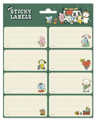 Grupo Erik Aufkleber Etiketten BT21 mit einer Größe von 8x4 cm und Illustrationen mit den Hauptfiguren, Etiketten zum Beschriften, 16 Klebeetiketten Set