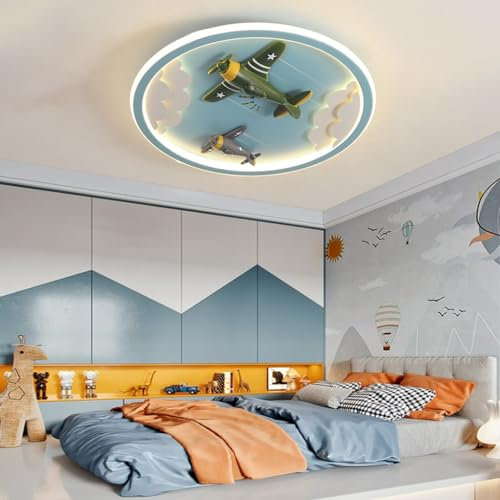RuiRfh Moderne Kinderzimmer LED Deckenleuchte für den Innenbereich Cartoon Flugzeug Dekoration Deckenleuchte Metall rund dimmbare Beleuchtung blaue Schlafzimmerleuchte Wohnzimmer Kindergarten Bar Café