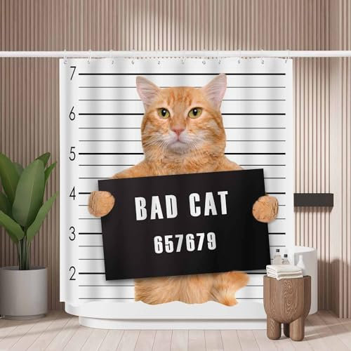 Woutay Shower Curtain Water Repellant Fabric Bad Cat,Mould Proof Resistant,Polyester,with 12 Plastic Hooks