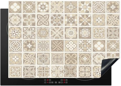 KitchenYeah© Copri Piano Induzione 75x52 cm Cucina Coprifornelli Copertura Protezione Cottura Tutto per la Cucina Mosaico - Vintage - Beige - Motivo - Fiori