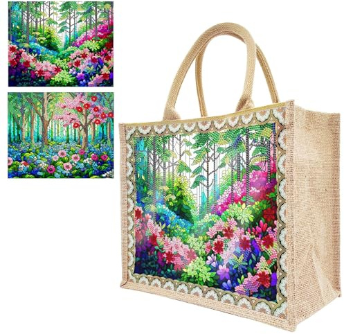 5D DIY Diamond Painting Tasche, Leinen Diamant Painting Tragetasche mit Innentasche, Diamant Painting Organizer Tasche Stofftasche Shopper mit 2 Austauschbaren Leinwänden (02-Wald)