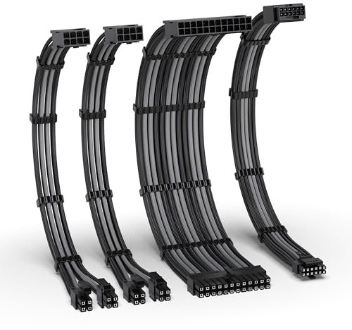 EZDIY-FAB 12VHPWR PSU Cable Extension Kit,16AWG PCIE 5.0 Power Supply Cable Extension- 1x 24 Pin ATX /2X 8Pin (4+4) EPS / 1x12+4 Pin GPU,Sleeve Cable 300MM with Combs-Black Grey