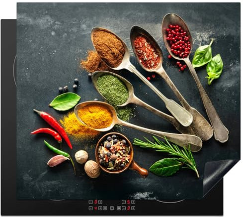 KitchenYeah© Herdabdeckplatte 59x51 cm Einteilig Abdeckplatten Cerankochfeld Abdeckung Ceranfeld Herdplattenabdeckung Induktionsmatte Kräuter - Löffel - Gewürze - Betonoptik - Grau