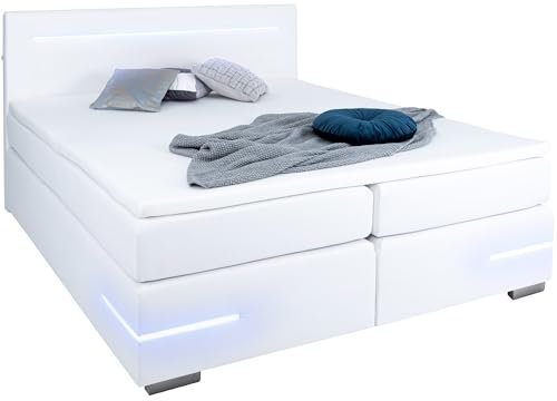 wonello Lennox Boxspringbett 180x200 mit LED Beleuchtung und USB Anschlüssen I in Kunstleder Weiß I Design Bett für Jugendliche und Erwachsene I Bett mit Matratze und Topper