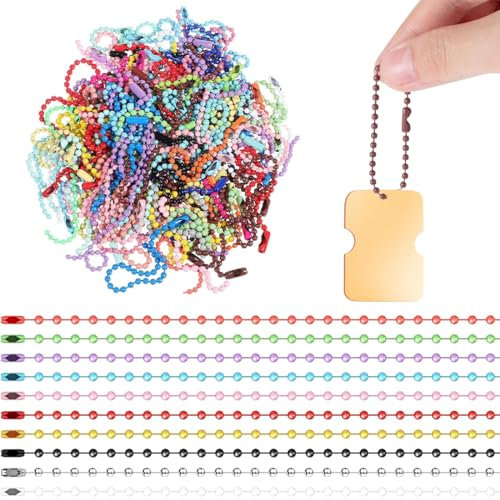 LQI Lot de 100 chaînes à boules colorées avec pendentif en métal - Courtes et colorées - Avec boucles - Longueur réglable pour porte-clés avec étiquette