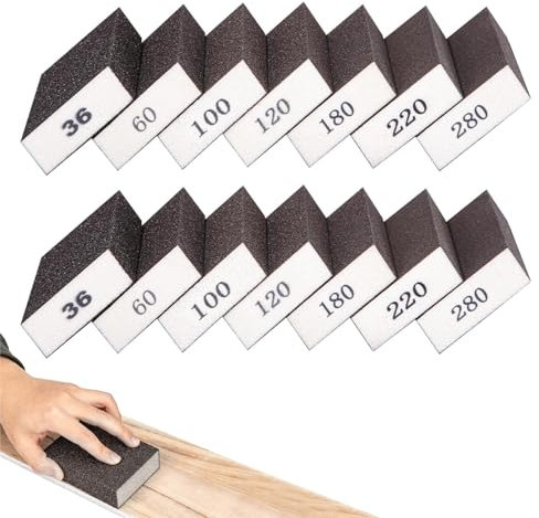 Spugne abrasive in legno, 14 pezzi, 36/60/100/120/180/220/280, carta vetrata, lavabile, riutilizzabile, per levigatura, metallo, legno (grigio)