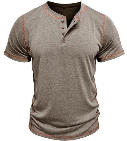 MakingDa Mens Henley Shirts Short Sleeve Button Vintage Muscle Regular Fit Summer Plain Grandad Shirt Casual Classic Breathable Lightweight Golf Work Fashion Smart Tops Khaki L