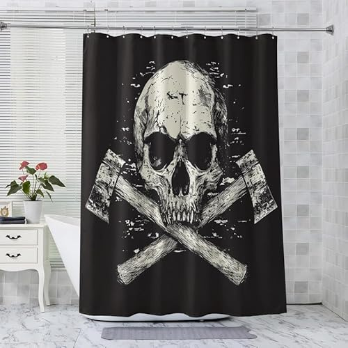 ADEIRO Rideau Douche Tête de Mort, Rideaux de Douche Viking 90x180 cm, Rideau de Douche Squelette Gothique Anti Moisissure Tissu Lavable Baignoire Salle de Bain avec 12 Plastique Crochets