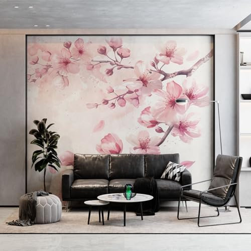 Art Fototapeten Hellbraun Vlies Wandgemälde, Blumenmotiv Kirschblütenbaum Rosa Wandtapete für Wohnzimmer Schlafzimmer Büro Flur, 400 x 280 cm (WxH) Wandbild Wanddekoration Wohnzimmer